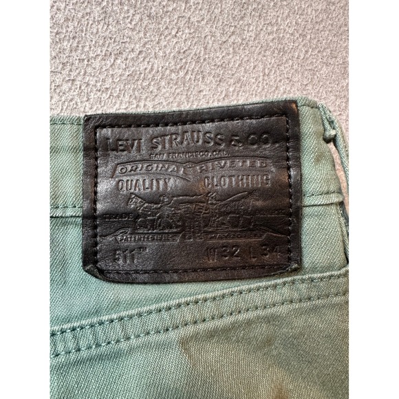 Vintage Levi's 511 Olive Green Skinny Fit Jeans Mens 32x34 Button Fly Stains - Picture 9 of 16